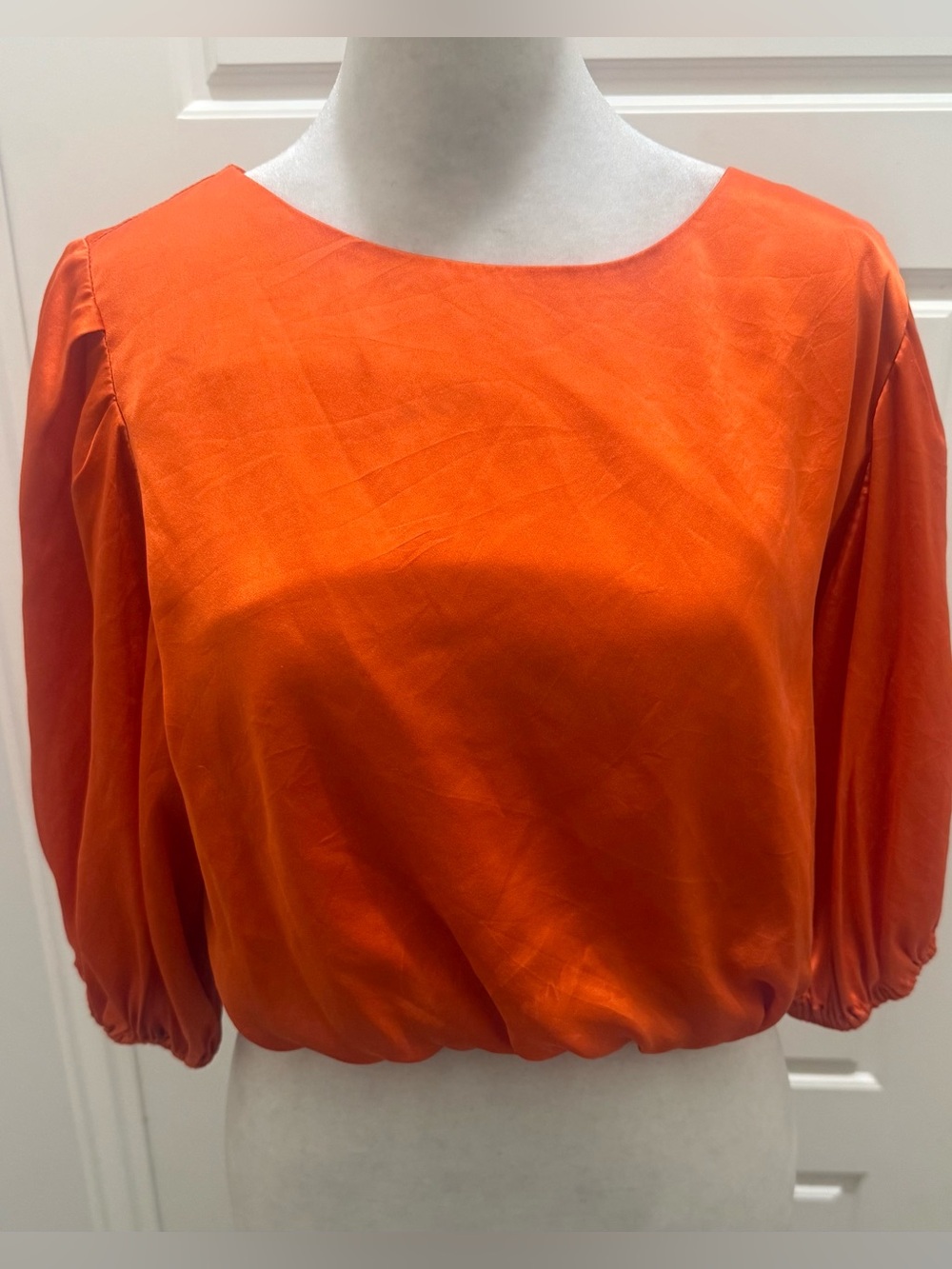 Amanda Uprichard. Silk Cropped - Balloon Sleeve - Bubble Hem Blouse. Orange. M.
